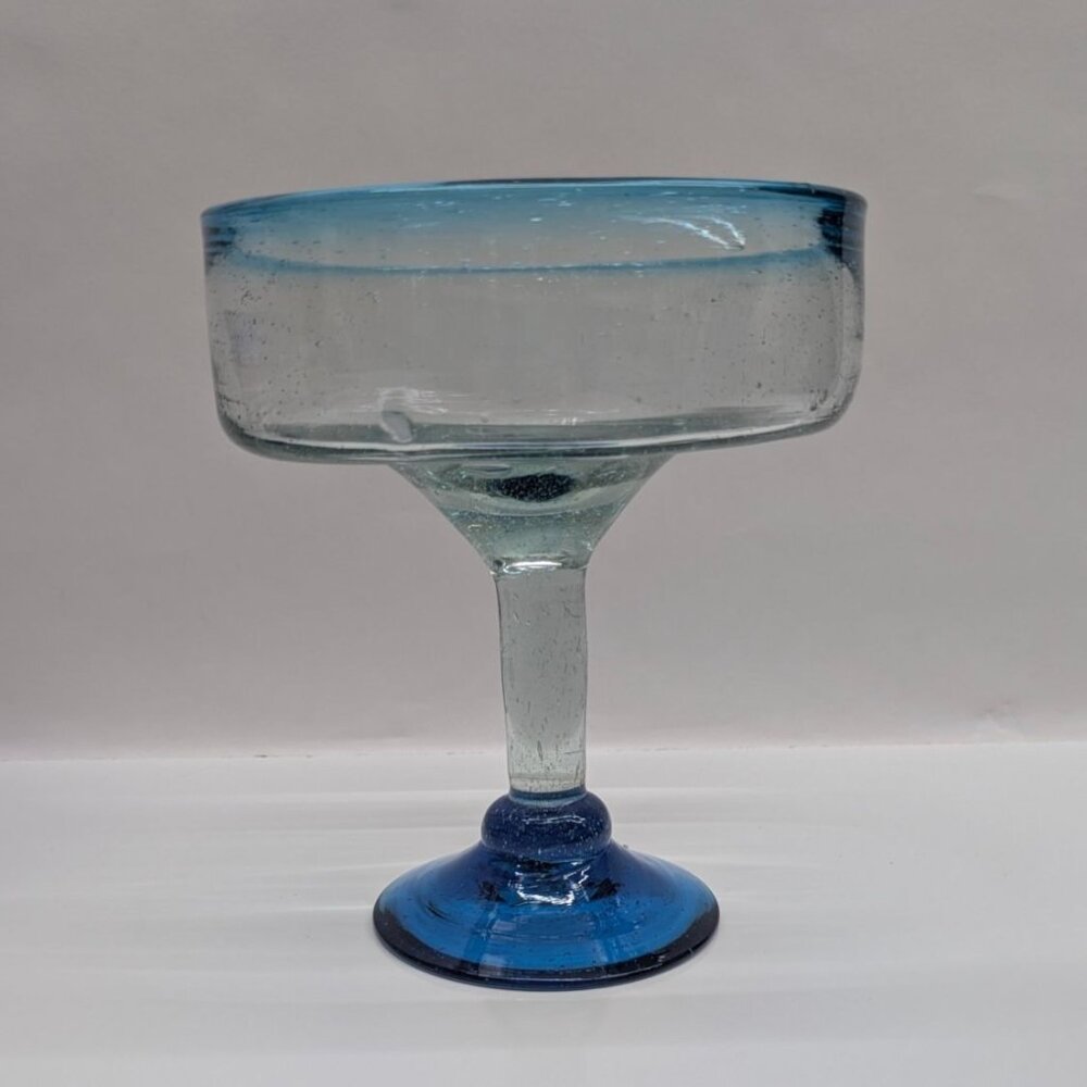 Mexican Hand Blown Glass Margarita Goblet Blue Rim Base Unique Design